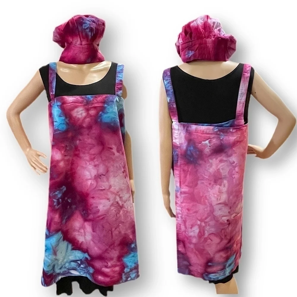 Tie Dye large Japanese wrap around apron  matching toque chef's hat purple